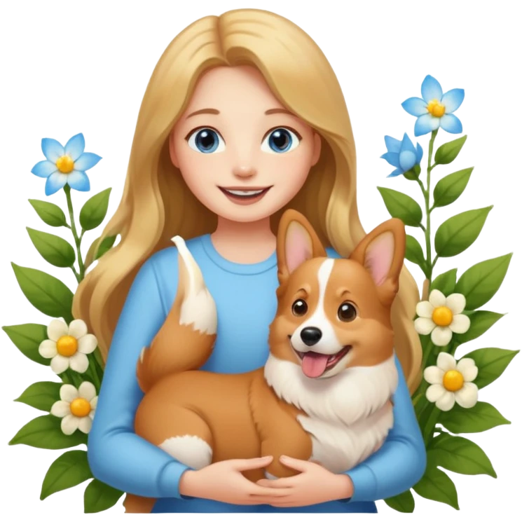 A long-haired girl holding a corgi in the flowers emoji