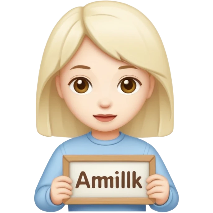 Chibi cult girl emoji, flat vector style, bold outline, holding a sign that says “AMILK” in clear capital letters, centered, simple background emoji