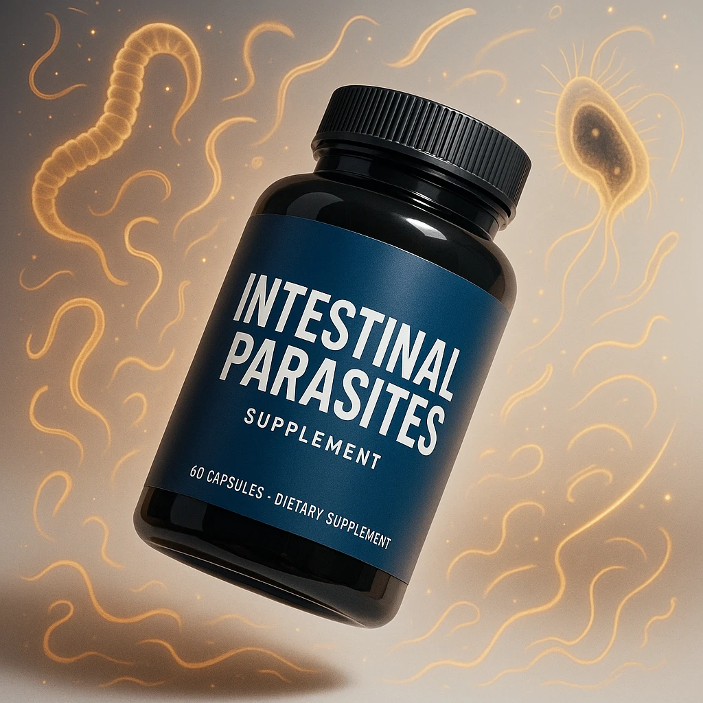 cinematic high-quality product ad poster for a supplement against intestinal parasites, stylized jar or pack floating slightly tilted with soft shadow, bold white gradient background, dynamic floating illustrations of intestinal parasites including worms protozoa microscopic forms, sparkle effects motion trails glow lines, modern eye-catching look, label on jar clearly visible, bold modern style suitable for eCommerce and social media ads emoji