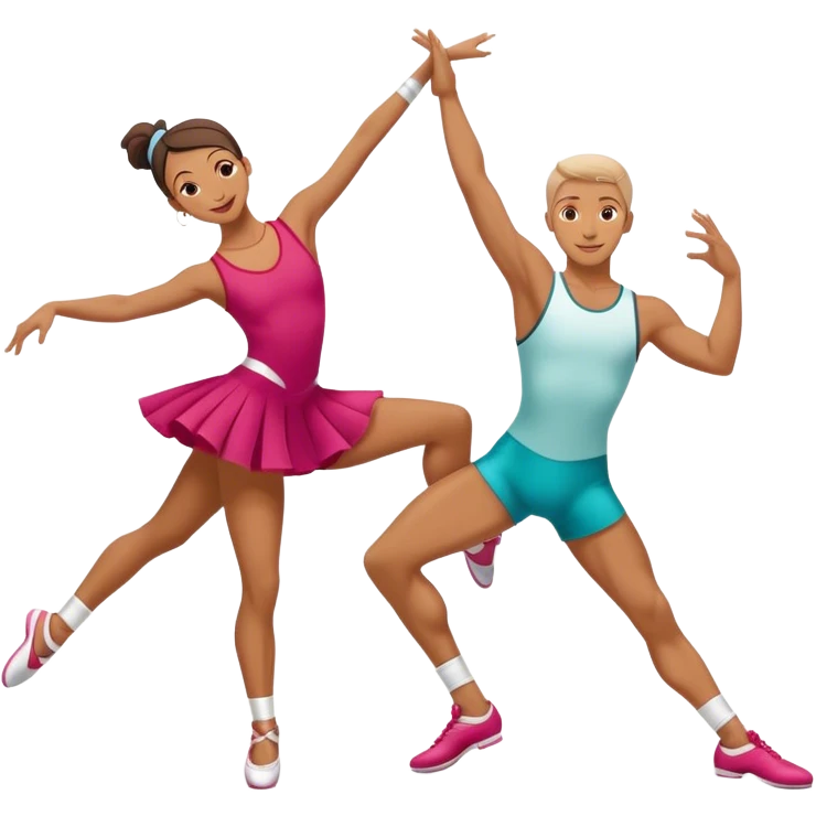 Icon for Sports Dance: a couple in competitive attire performing a synchronized dance with acrobatic moves, dance shoes, a rhythmic floor, and a competition backdrop. The icon should capture athleticism, technique, and acrobatic precision. Transparent background. emoji