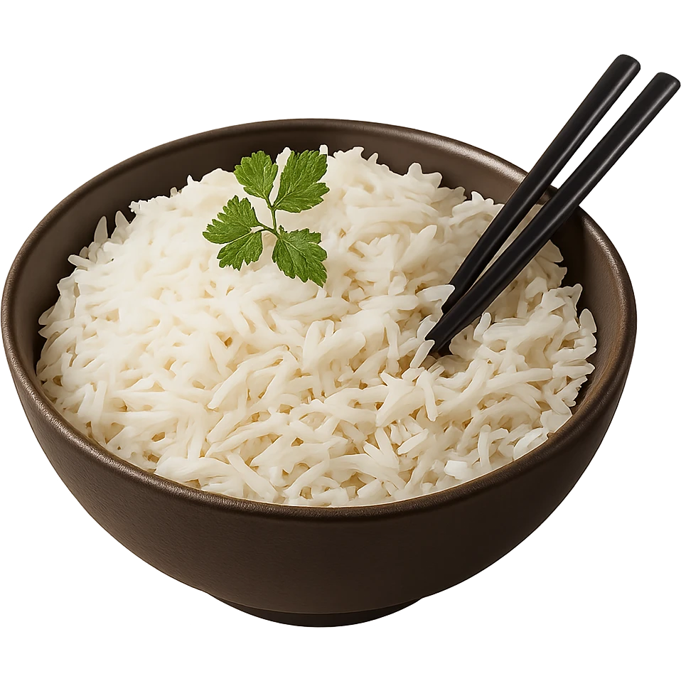 Realistic style cooked white basmati rice in a bowl, natural details, no background. emoji