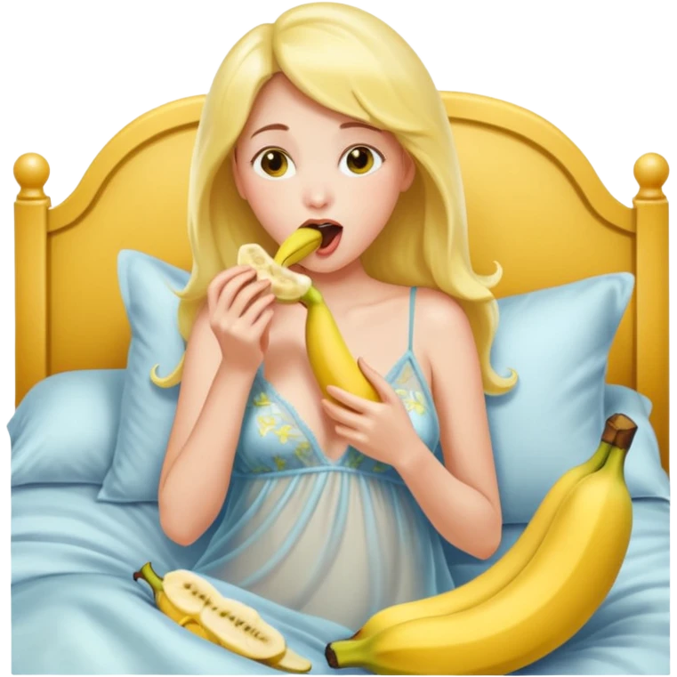 Frau in durchsichtigem Nachthemd leckt an einer ganzen Banane im bett ohne ander Bananen emoji