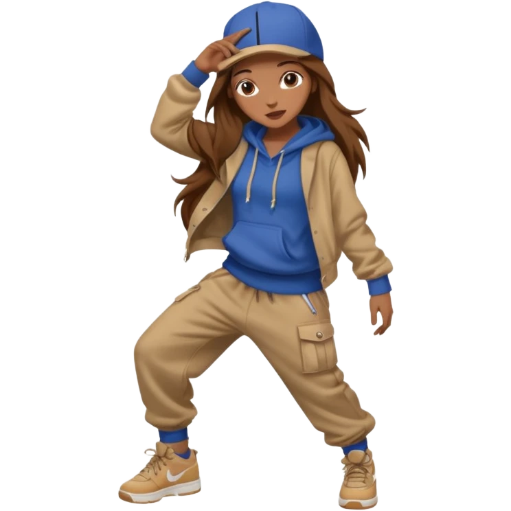 Hip hop dancer girl with long brown hair and baggy clothes  emoji