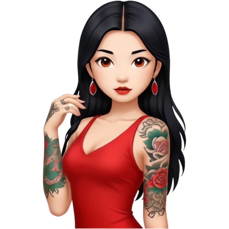 Beautiful Asian girl with long black hair and body tattoos wearing a red dress emoji