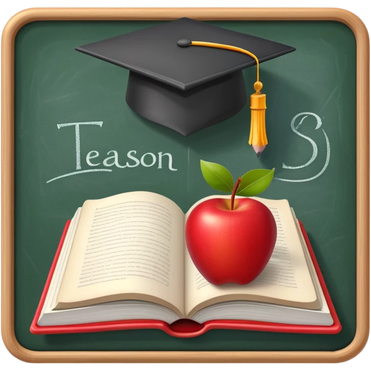 An icon featuring an open book, a pencil, and an apple, symbolizing education and pedagogy. The design includes a chalkboard with a lesson plan and a graduation cap, representing teaching and learning. Transparent background highlights the nurturing of knowledge and growth. emoji