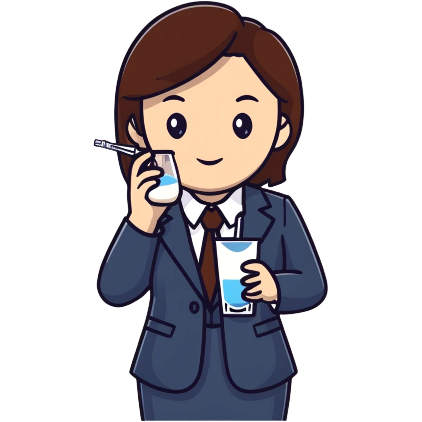 Mom with brown hair in business suit drinking milk and holding a vaccine syringe emoji