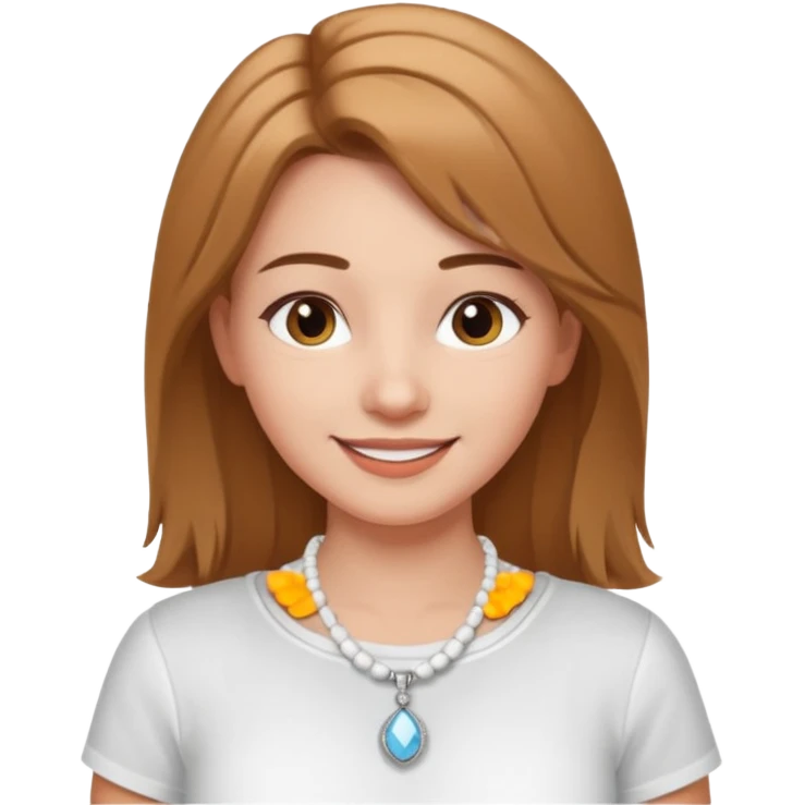 Счастливая Девушка с украшение на шее в виде бус белого и серебряного цвета в белой рубашке, с русыми волосами emoji