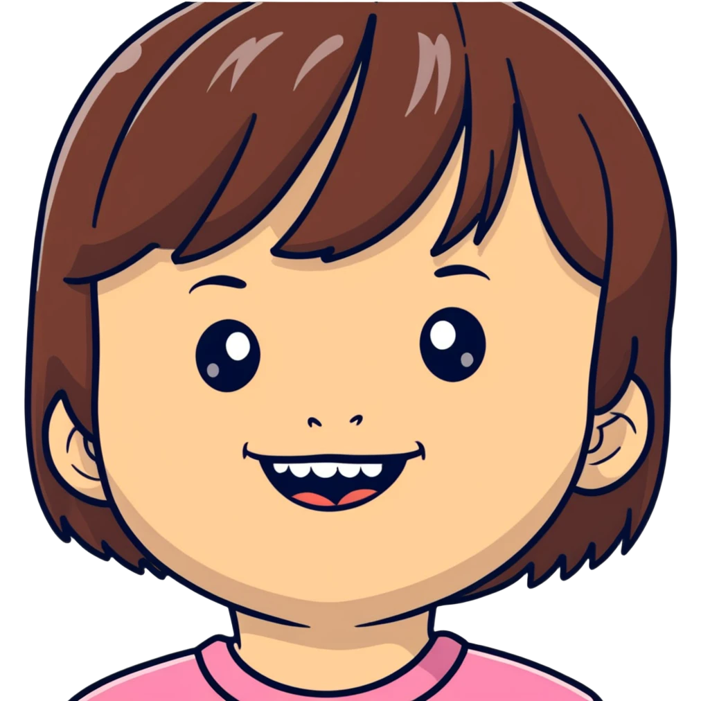 Adorably, cute and cool little six-year-old gamer, girly with brunette hair, missing her two top front teeth, and she has bangs emoji