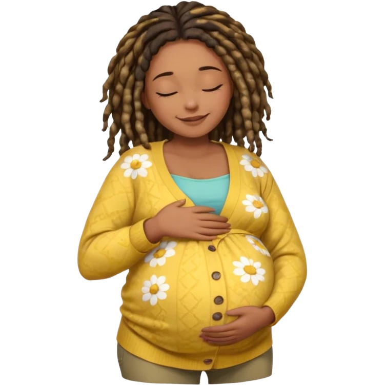 pregnant black woman with dread lock hair happily touching her big belly while wearing casual shirt and yellow warm  flowery cardigan closing her eyes and smile wamrly emoji