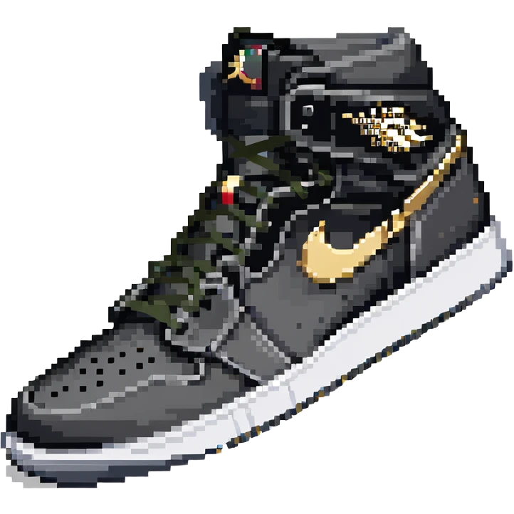 Jordan 1 sneaker, all black with a metallic gold swoosh emoji