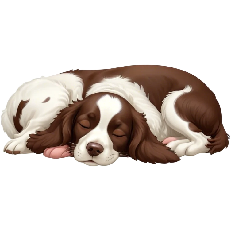 Meme-Worthy Cute Sleeping Springer Spaniel Portrait Emoji, Head resting peacefully with a contented smile, showcasing a delightfully agile build and a luxuriously soft liver and white Fur, eyes shut in a serene nap, Simplified yet hilariously adorable features, highly detailed, glowing with a soft, drowsy light, high shine, relaxed and utterly lovable, stylized with an air of playful laziness, bright and heartwarming, soft glowing outline, capturing the essence of a comically sleepy companion, so meme-worthy it feels like it could instantly become the next viral sensation of adorable slumber! emoji