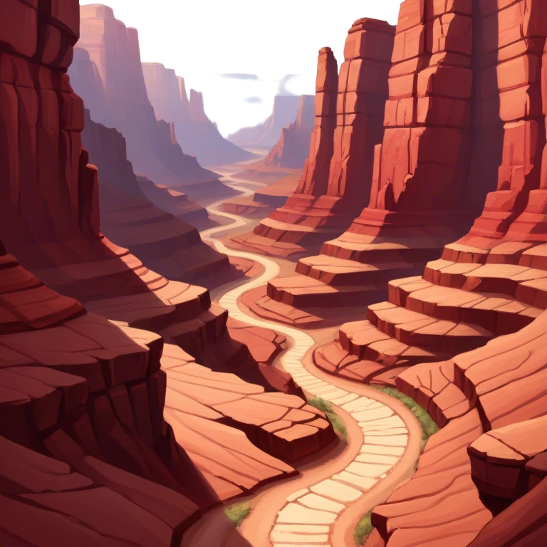 Cinematic Realistic Canyon Emoji, Vast and rugged, with deep red rock formations and winding paths leading down to a dry, dusty floor. Sunlight casts long shadows across the craggy surfaces, highlighting the layers of ancient rock. Soft glowing outline, capturing the essence of dramatic beauty and ancient history in a mighty canyon. emoji