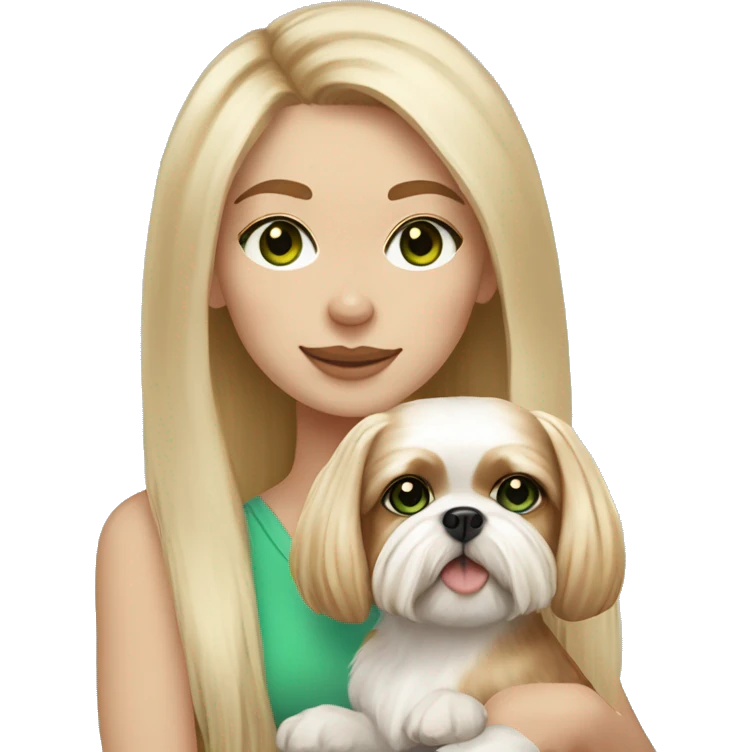 Girl with lots of freckles, long blonde hair, freckles, and bright green and blue eyes holding an all beige shih tzu dog  emoji