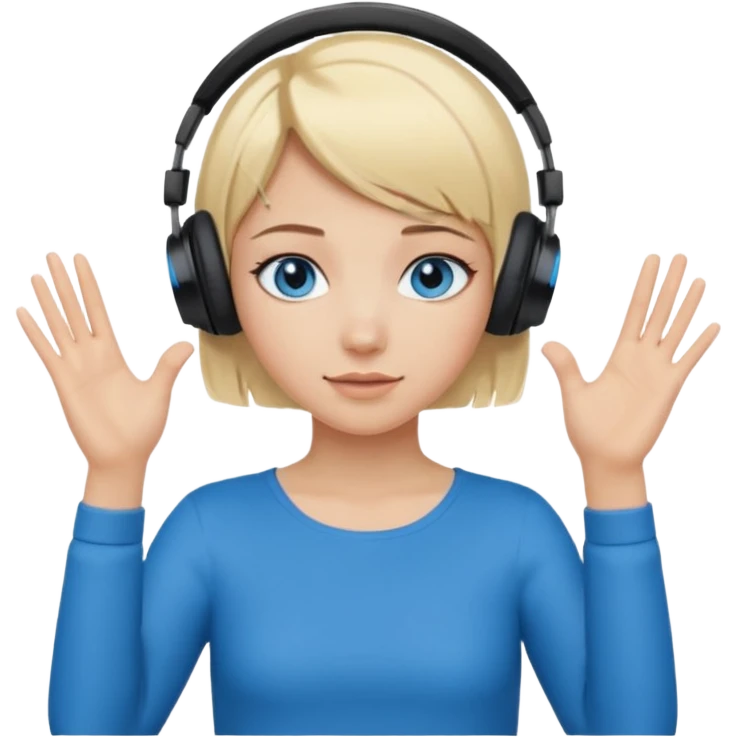girl with blonde and middle short hair and blue eys with heands telling what, having heaphones on head,  emoji