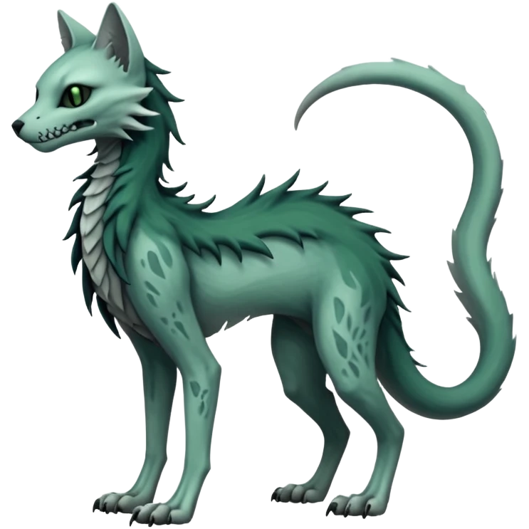 spectral spooky dark bleak blackish swampy white-skeletal gloomy ghostly dark greyish dark-deep-greenish foggy eldritch beautiful realistic edgy fantasy ghoul-like stitched feline-vernid-sergal-fursona animal creature with a tufted tail full body with intricate markings  emoji
