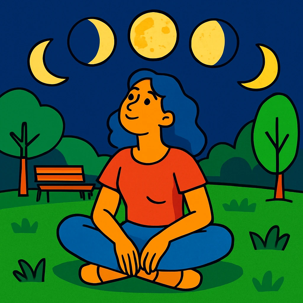 colorful cartoon style of a woman sitting on the grass in a park, looking up, surrounded by the moons of the 4 phases emoji