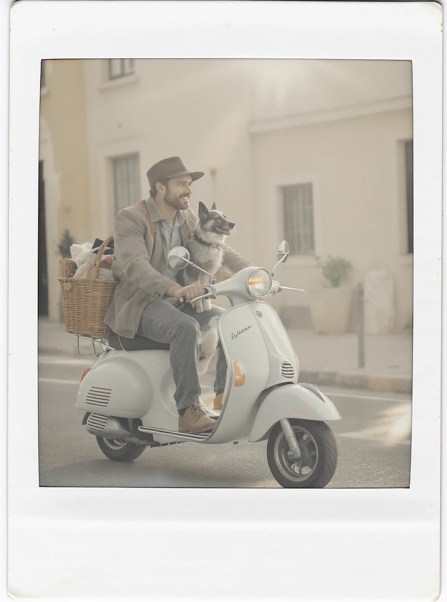 man and his pet dog riding a vespa emoji