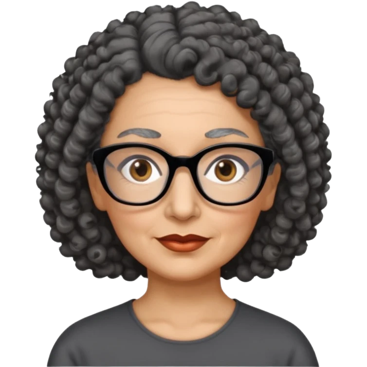 femme 60 ans cheveux gris foncé très bouclé attaché et yeux marrons foncé,  lunettes rectangle noir emoji