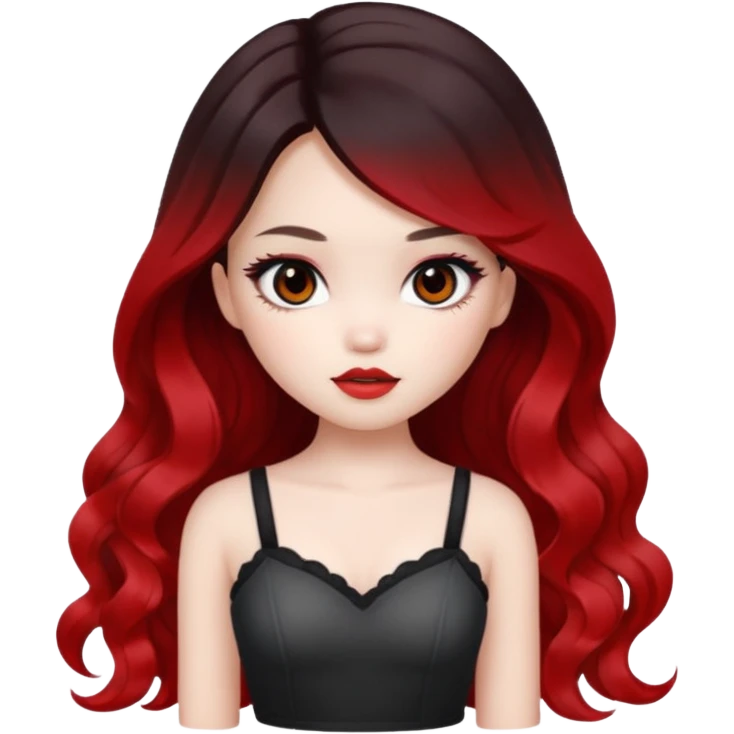 black ombre to red long wavy hair, pretty bratz baddie, pale skin, dark brown eyes, asian pretty bratz baddie emoji