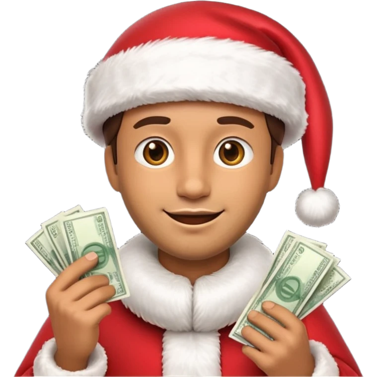 A confident rich emoji face wearing a Santa hat, money stacks, casino vibe, New Year theme, premium 3D emoji style, sharp details, no text, isolated on transparent background emoji