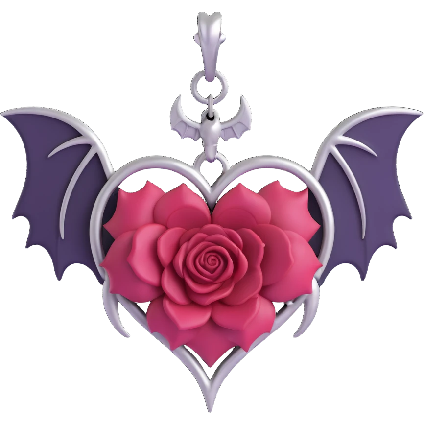 gothic heart, deep forest green silk texture, silver bat charm, dark rose center, lush and gothic emoji
