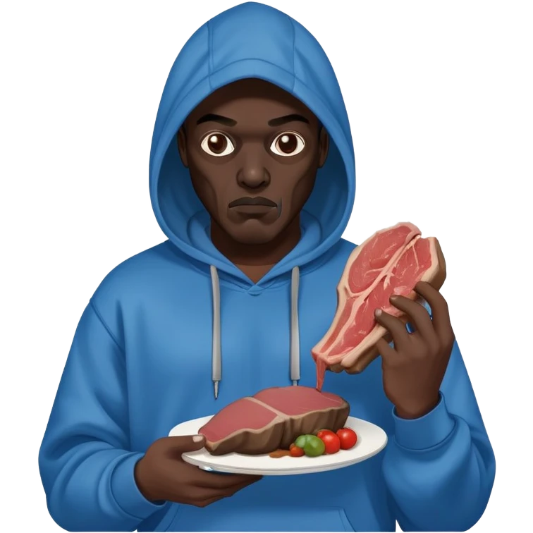 MF DOOM in a blue hoodie holding a piece of meat emoji