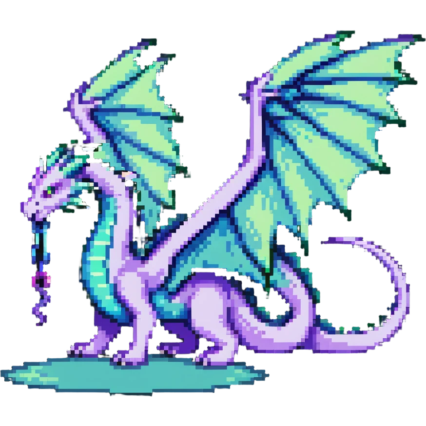 mysterious dragon with a long tail, large wings, and a magical aura, in green, blue, and purple emoji