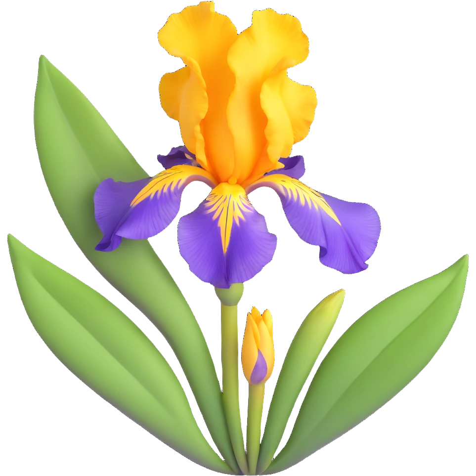 Detailed iris flower with rich purple color, classic iris structure with three hanging falls and three upright standards, green stem and leaves emoji