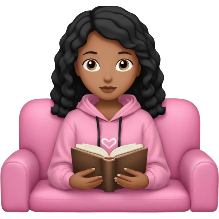 Una chica linda de cabello negro con ondas hasta los hombros de piel blanca con una sudadera rosa en un sofá cómodo y hermoso leyendo la biblia emoji