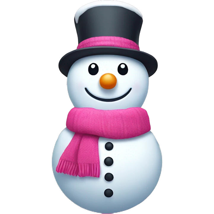 Smiling pink snowman with a small hat and scarf, surrounded by snowflakes emoji