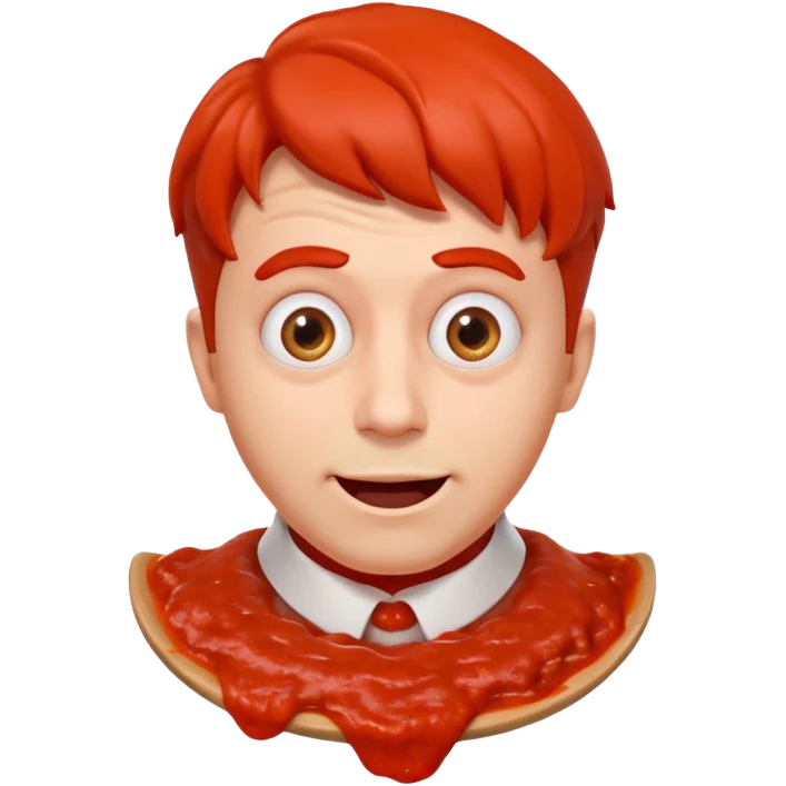 funny theater actor portrait, head and shoulders only, covered in tomato sauce, shocked wide eyes, awkward smile, stage costume collar, 3D cartoon, mobile game icon style, clean background, no text, no watermark
 emoji
