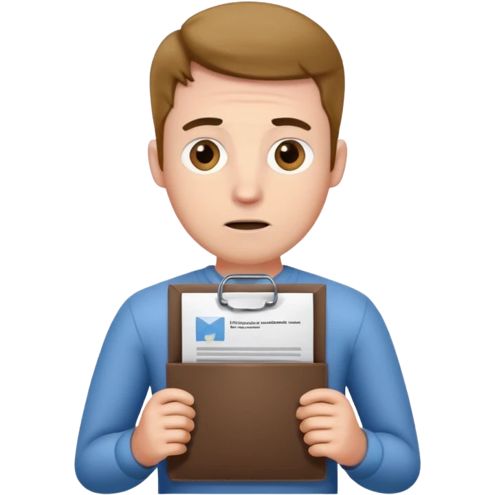 man's head, slightly worried, holding a resume emoji