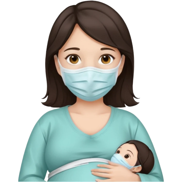 a pregrant lady with dark brown hair? Hair lengt above shoulder, wearing medical face mask emoji