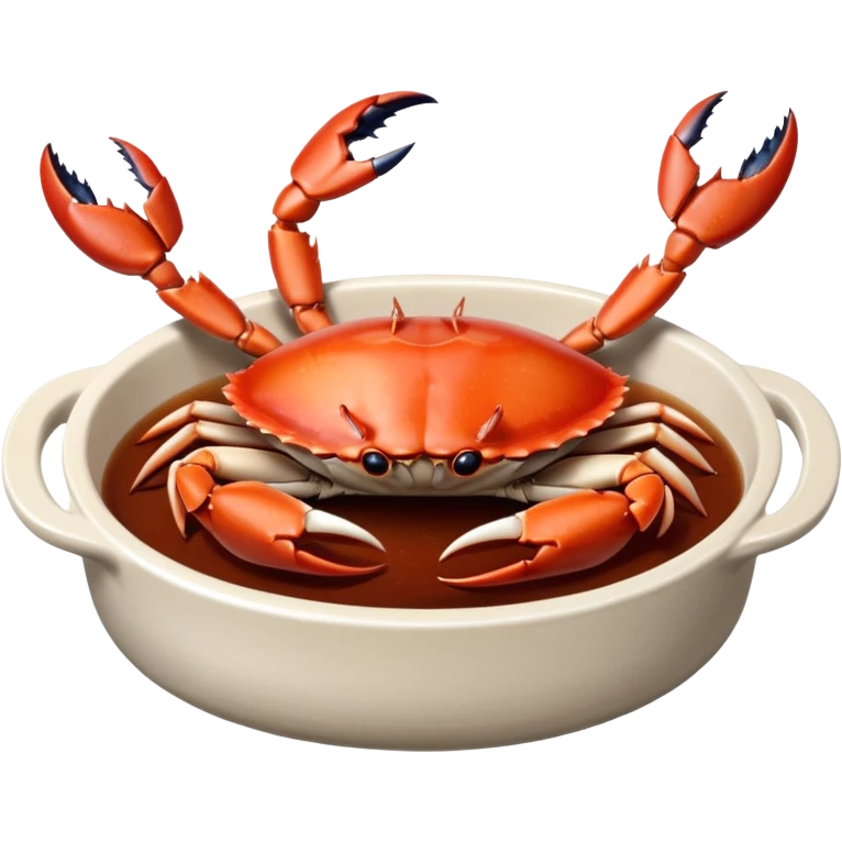 Korean dish Ganjang-gejang, raw crab marinated in dark soy sauce, crab claws and body visible, glossy sauce, served in a small dish, appetizing and authentic emoji