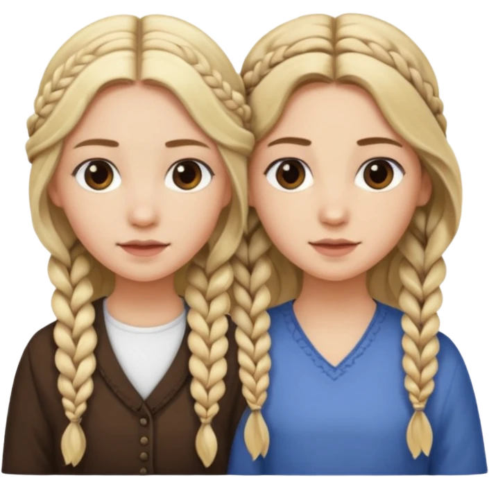 Sister with long wavy loose flowing blonde hair and  sister with DARK BROWN HAIR WITH ONE BRAID on one side.   emoji