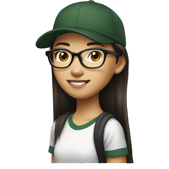 Hyper realistic, look from side, asian girl, light white skin, smiling with teeth, black eyes, spotted frame glasses, long brown straight hair with highlighted strands, black T-shirt, dark green cap. emoji