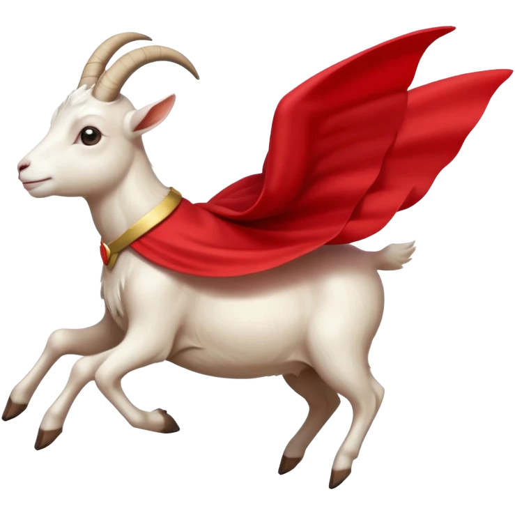 side view of white female goat wearing a read cape like superman emoji