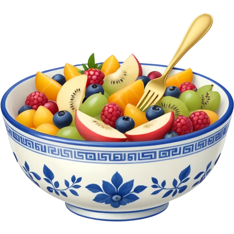 Blue and white China dish with fruit salad in it and a gold fork emoji
