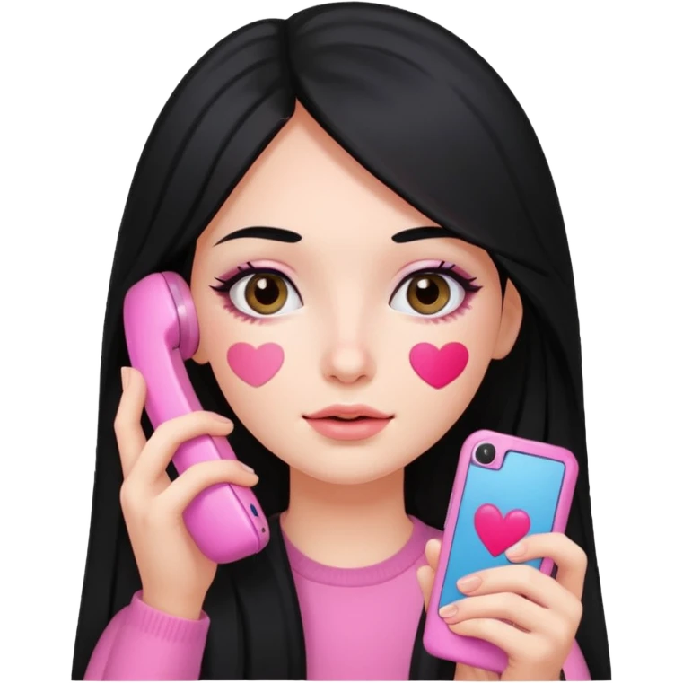 Chica de pelo negro y largo con un móvil rosa y parches de skincare debajo de los ojos emoji