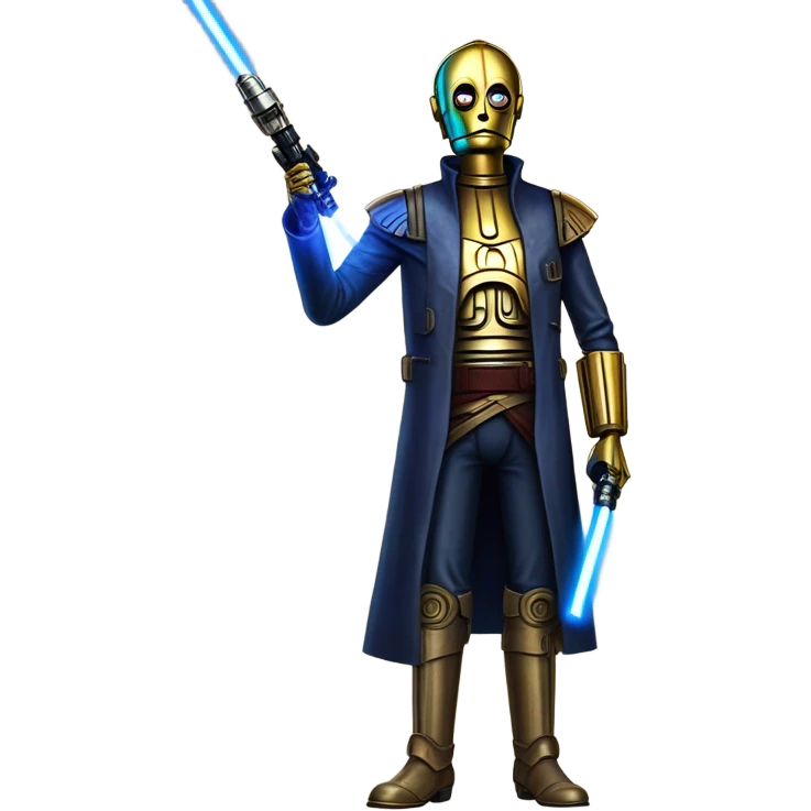 tarnished undercover tough well-equipped Jedi  life-sized darkblue-pearl C3po leather vest clothing pants and vest old west duster coat holding light saber sheriff emoji