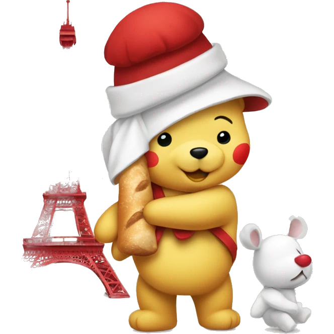 parisien style white pooh (female), with red beret on head like painter and baguette in arms, and with eiffel tower in background emoji