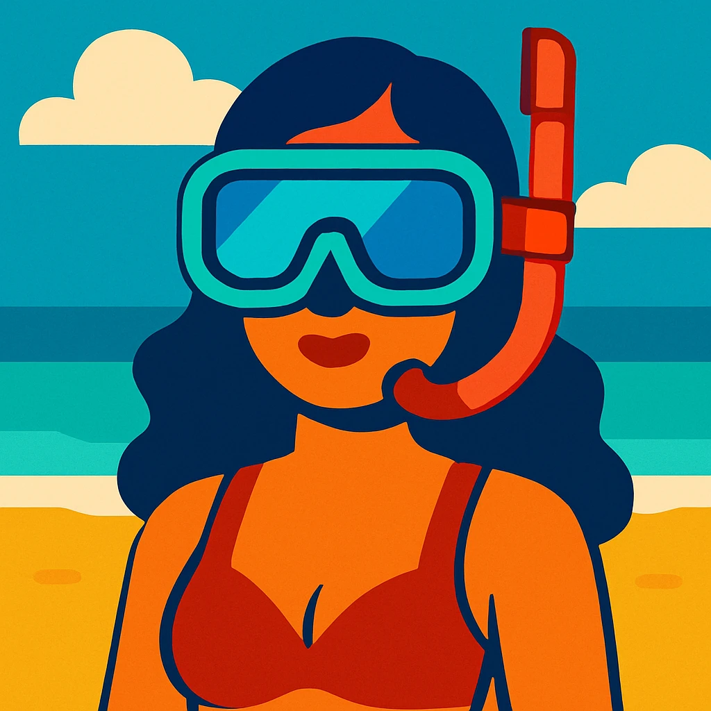 woman wearing snorkeling mask with a slight beach background visible emoji
