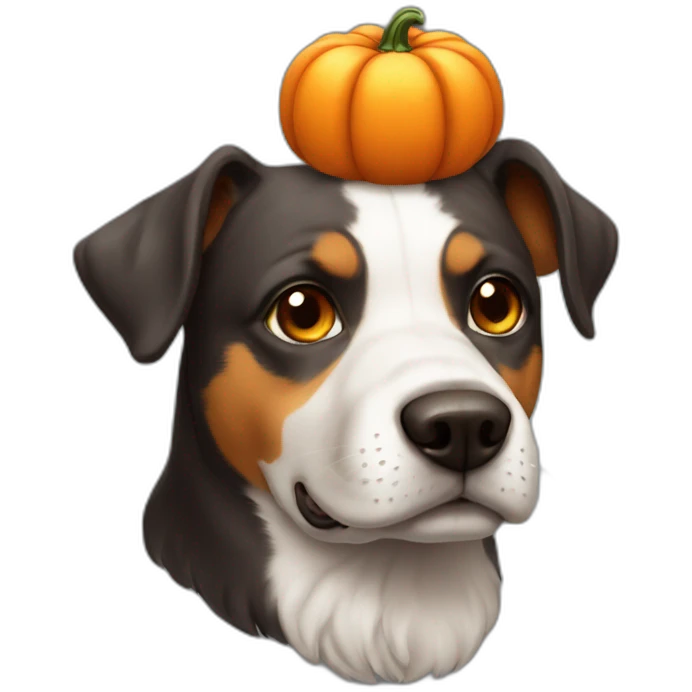 A cute dog with an pumpkin on his head emoji