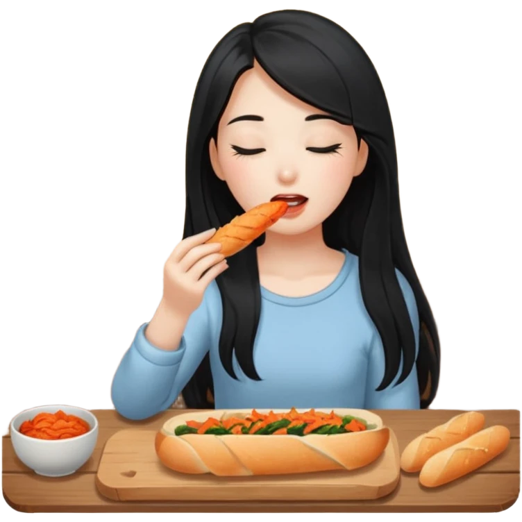 Girl with black long hair eat kimchi close eyes baguette emoji