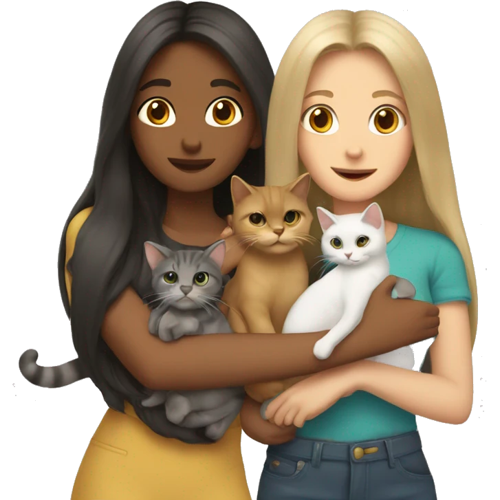 Two long hair girls and two cats in hands emoji