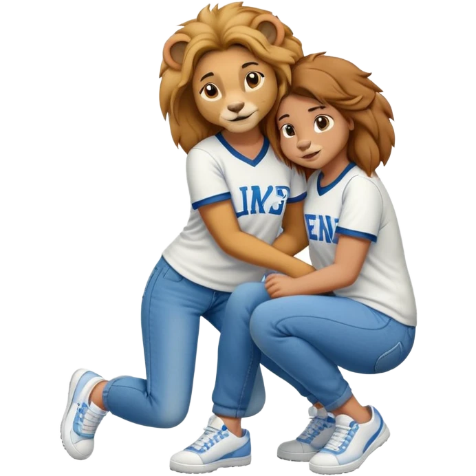 friendly anthropomorphised female lion wearing a baseball shirt, jeans, and trainers, on her hunches, comforting a friend emoji
