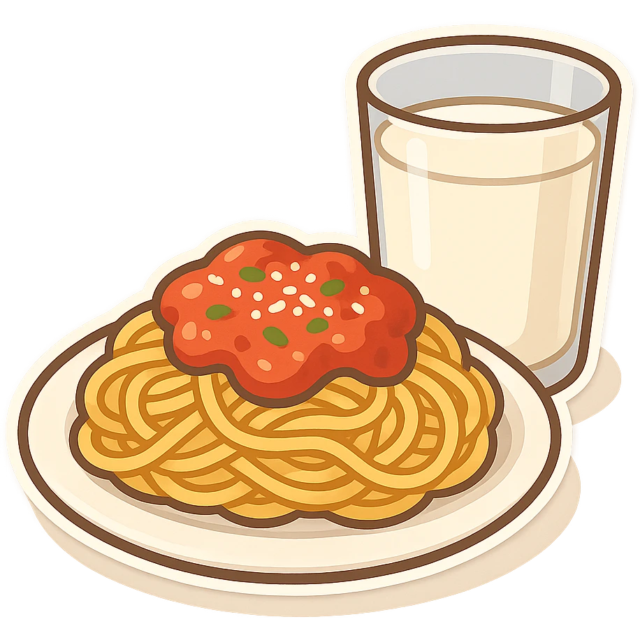 一盘意大利面和一杯牛奶 emoji