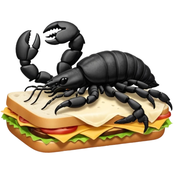 MAKE A SCORPION ON TOP OF A EHITE FLUFFY CLOUD THAT IS HOLDING A SANDWICH IN ITS CLAW AND LOOKING LIKE ITS EATING IT AND ITS NOT ON TOP OF THE SANDWICH ITS HOLDING IT AND NO SANDWICH UNDER ITS FEET OMG JUST MAKE A CLOUD AND ON TOP OF IT IT SHOULD BE A SCORPRON. HOLDING A SANDWICH emoji