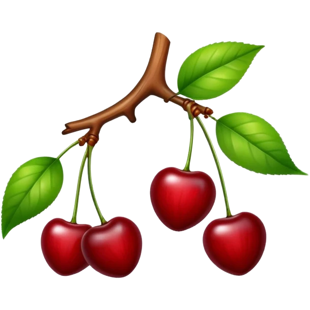 Two glossy red cherries hanging from a wooden branch with green leaves emoji