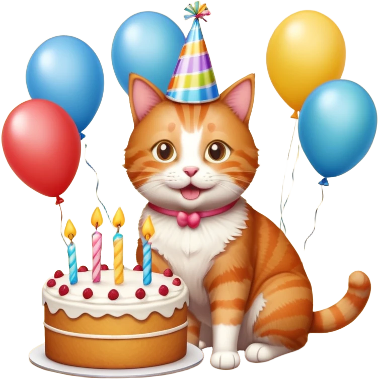Ginger cat celebrates birthday, birthday hat, birthday cake, balloons, happy emoji